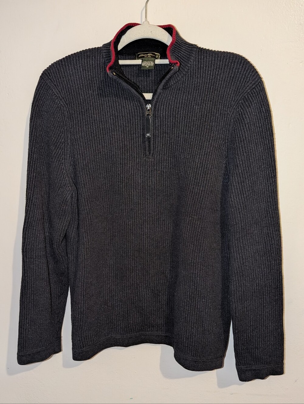 Eddie Bauer Men's Charcoal Ribbed Half-Zip Sweater with Red Trim